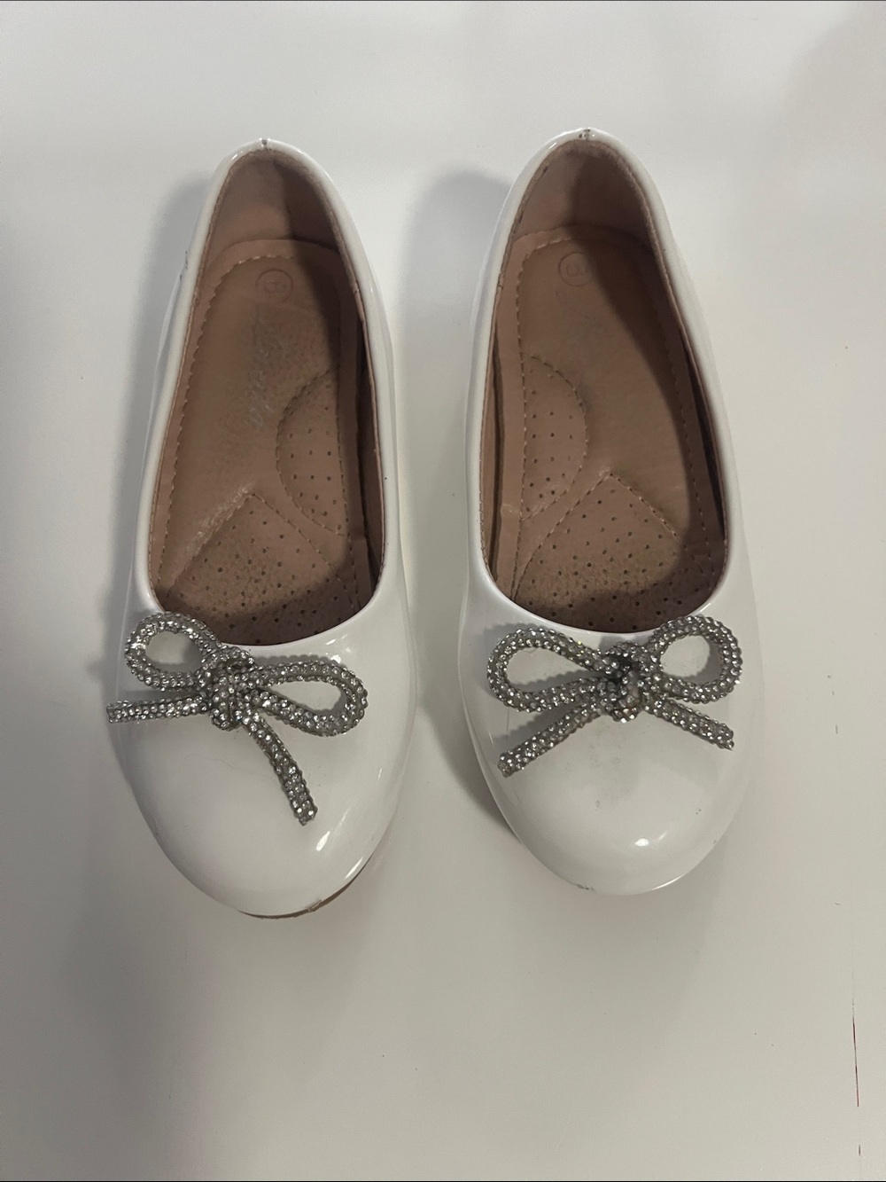 Girls White Patent Ballet Flats with Rhinestone Bow